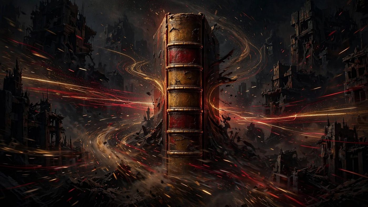 A book standing in a ruined city, the mythology kept when the buildings have fallen.