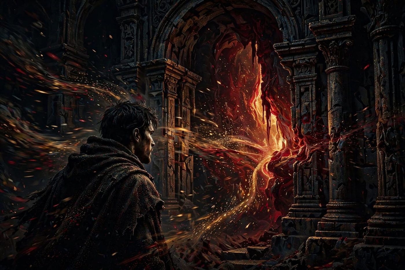 A man at the threshold, deciding whether to look or to enter.