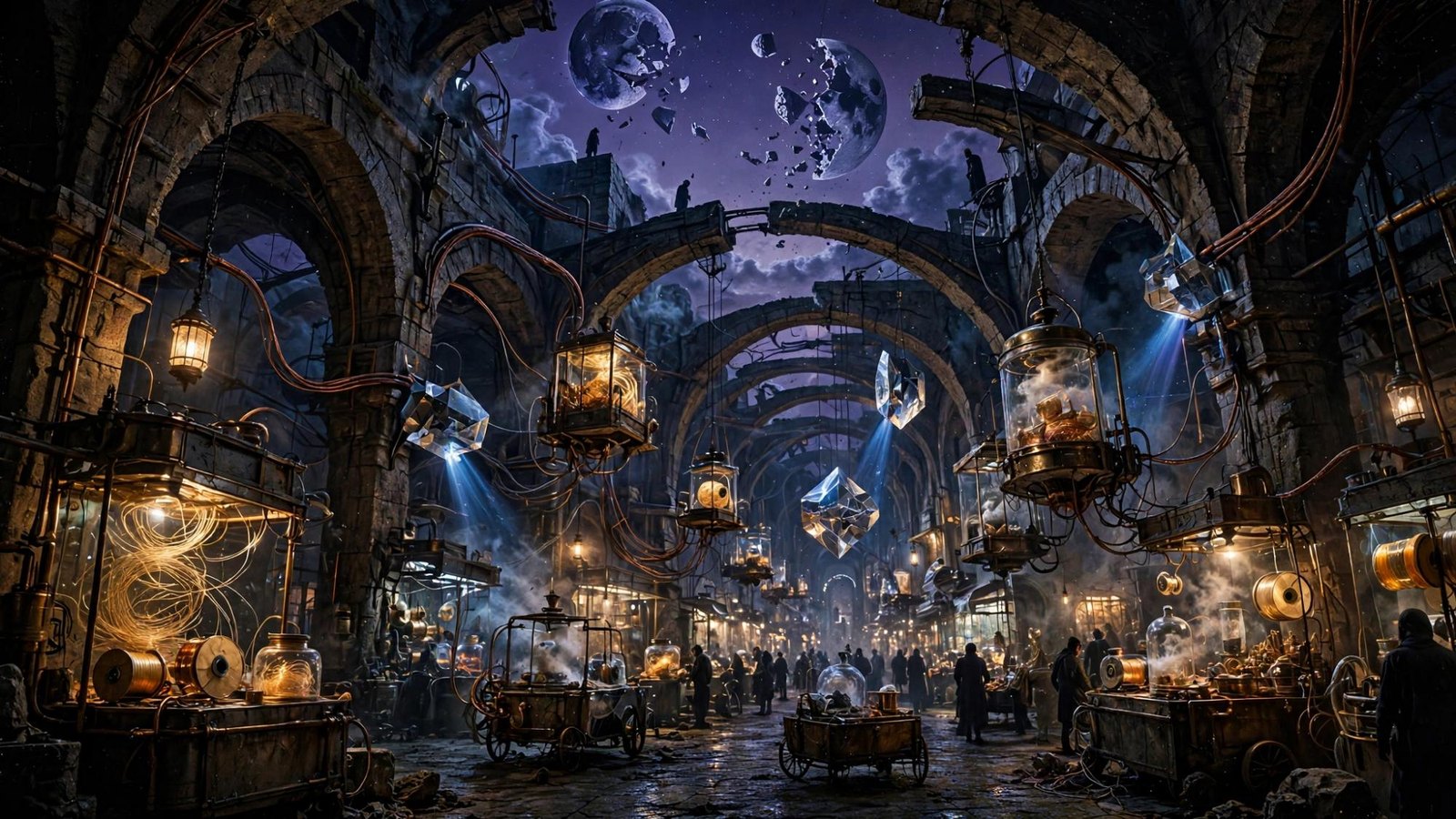 Stalls along the hall, lamps already lit.