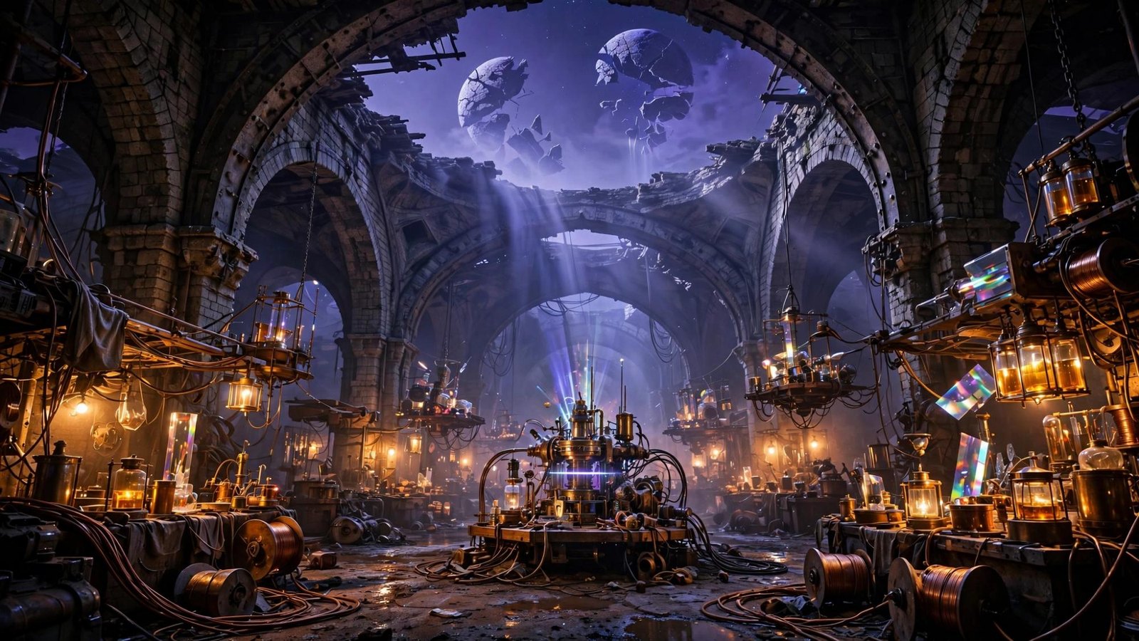 The market's arches, and a moon where the roof should end.