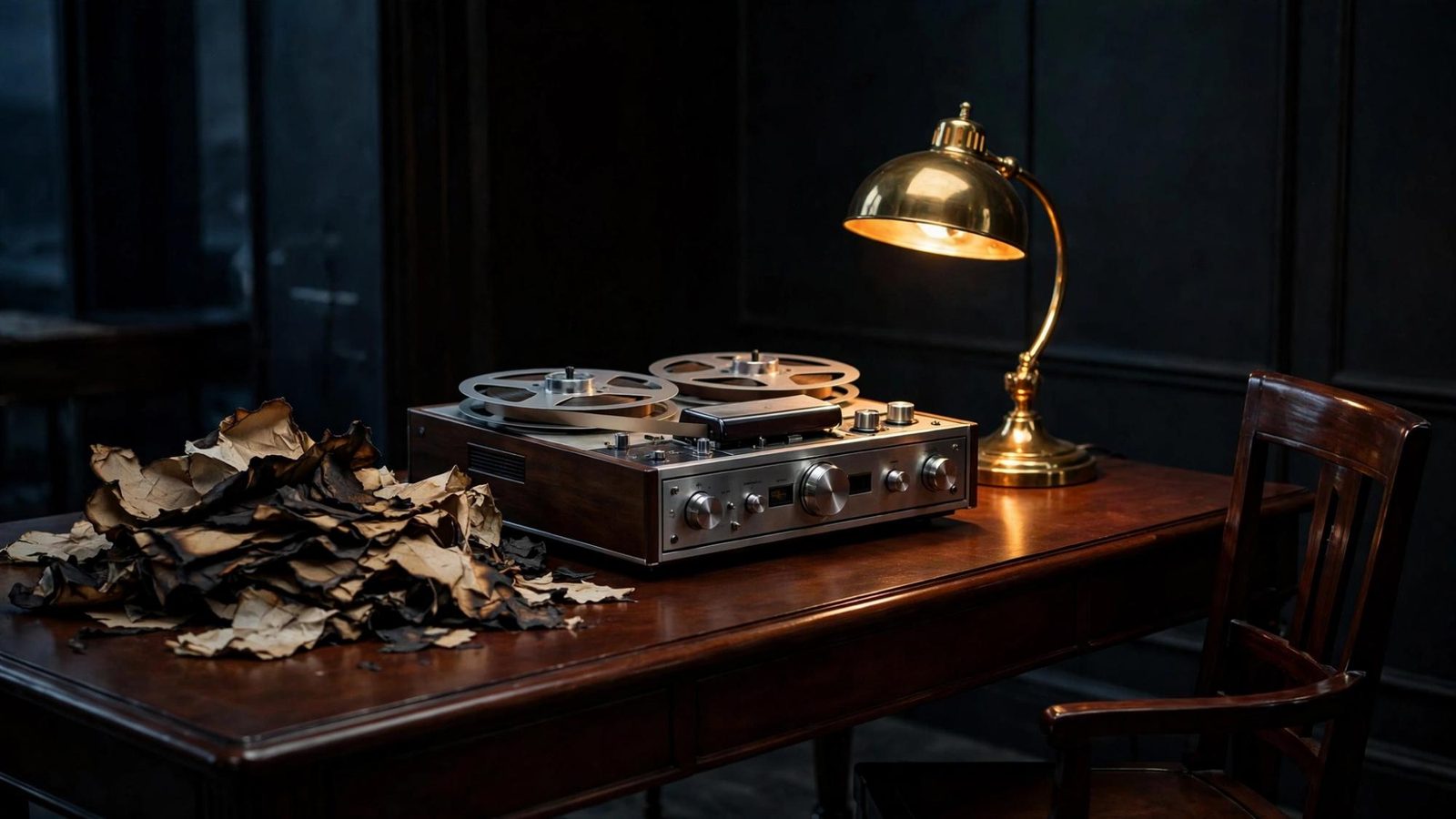 A reel-to-reel recorder beside a mound of burned paper.