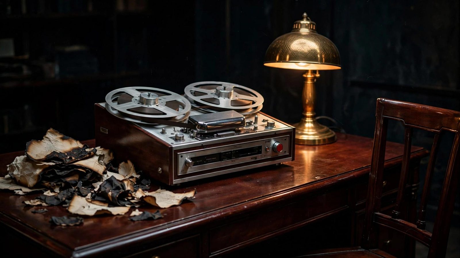 A mound of paper burned down to curls, and a reel-to-reel that is still intact. The statement is the ash. The machine has not agreed to forget.