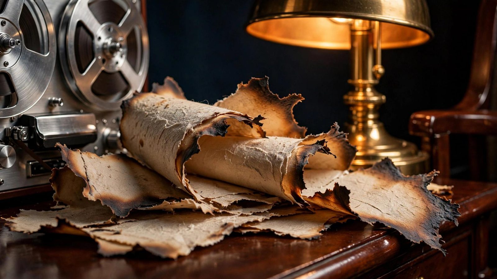 Burned curled paper against silver reels.