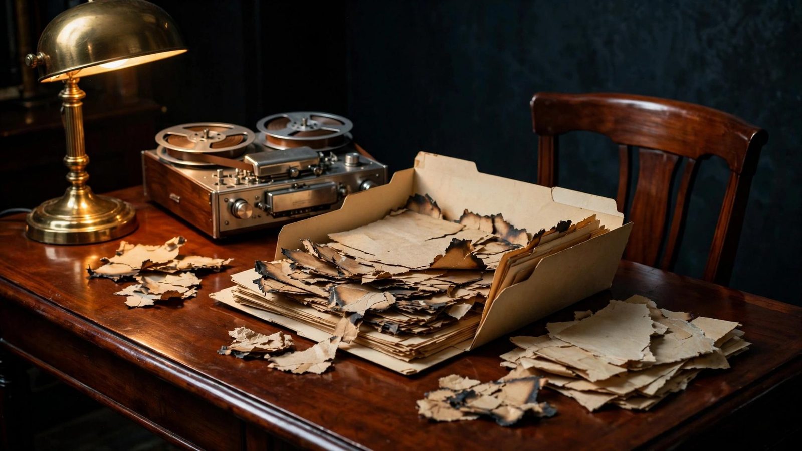 A box overflowing with burned pages, the recorder waiting behind it.