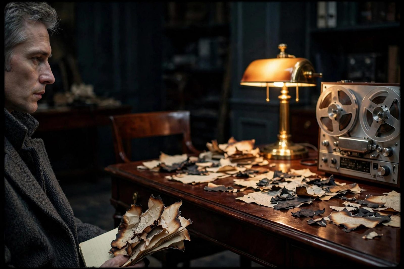 A grey-haired man holding burned pages at the edge of the desk.