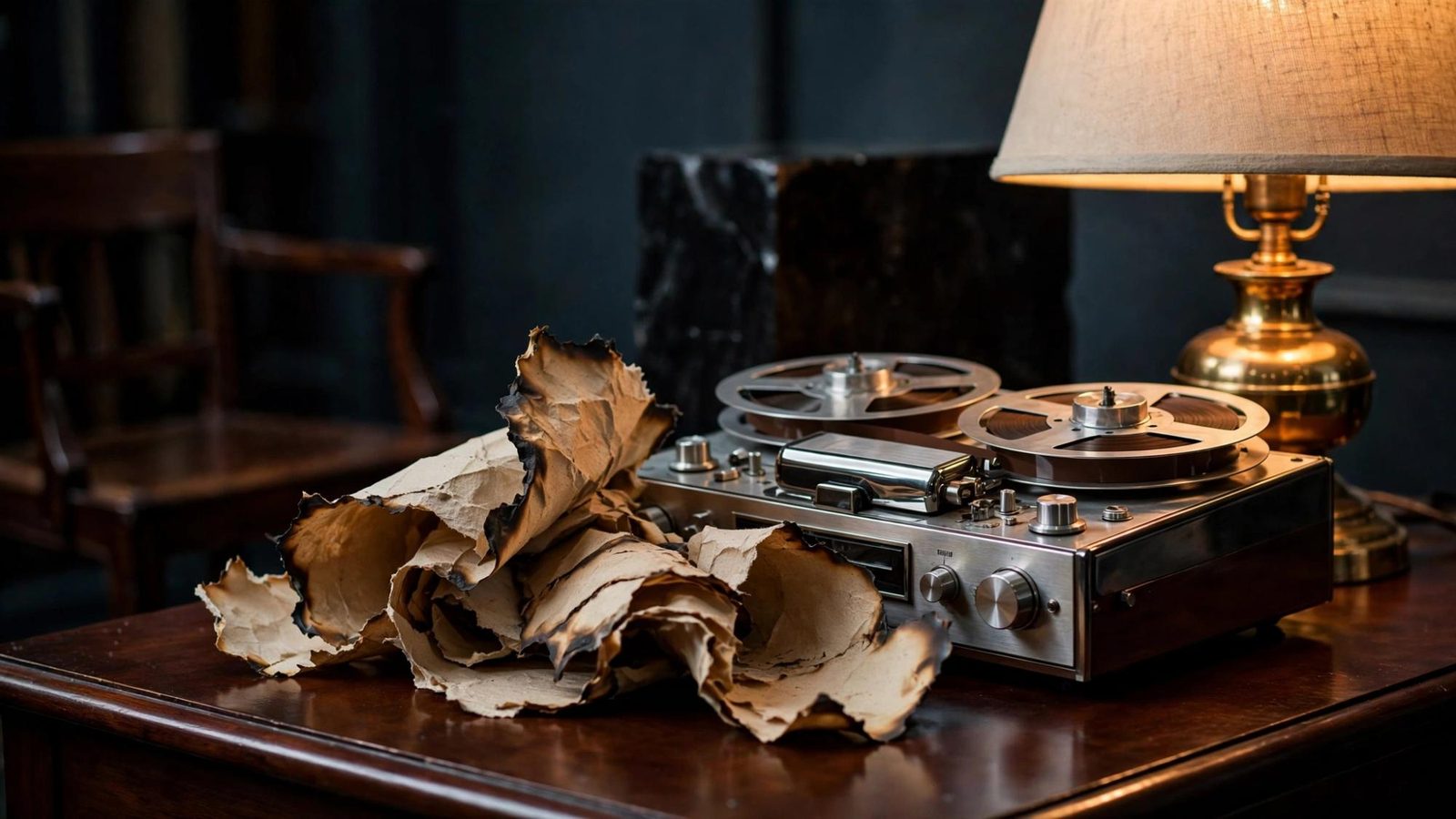 Burned paper in the foreground, a recorder and a shaded lamp behind.