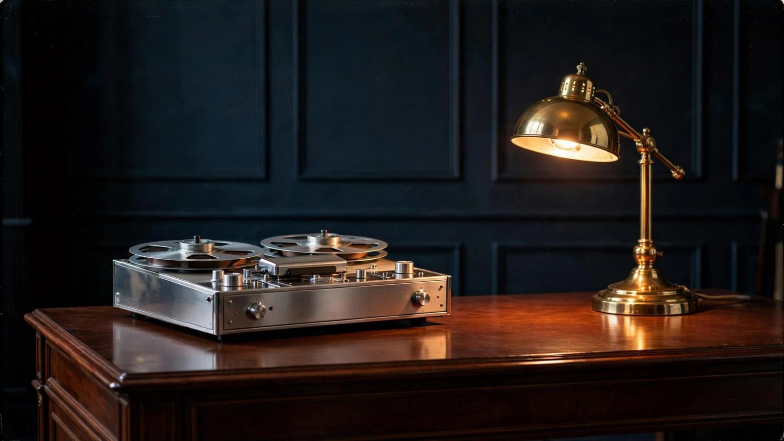 A clean reel-to-reel recorder and a brass lamp, the damage not yet in frame.