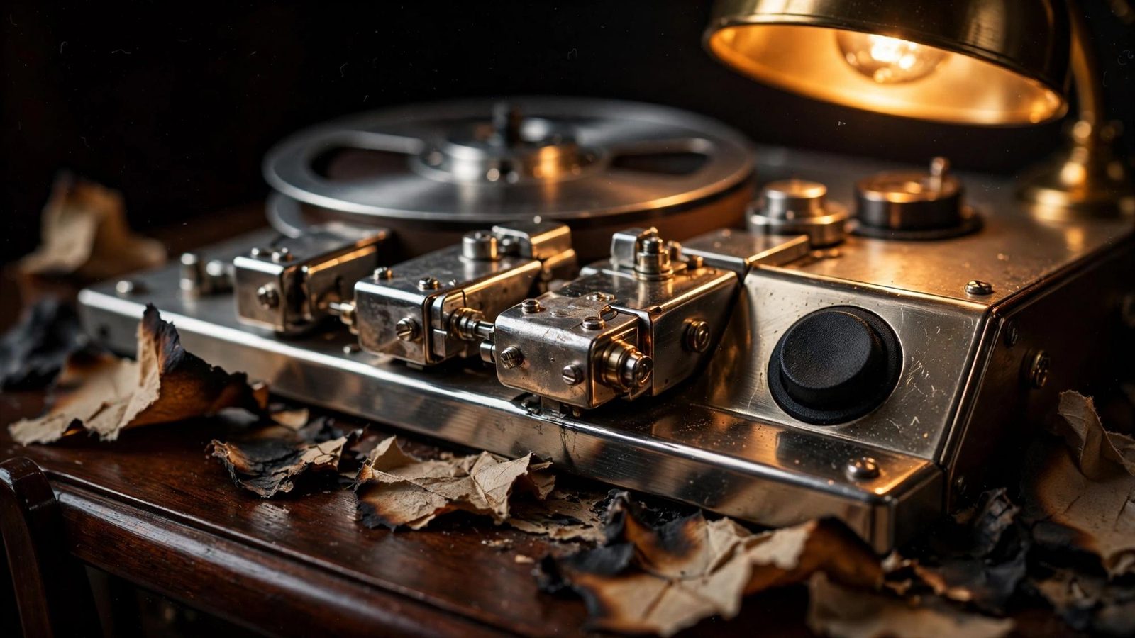 Tape heads and a scrap of burned paper, the verb not playing.