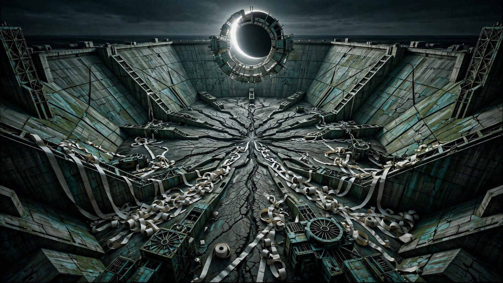 A stair crossed by a ribbon, the eclipse at the top.