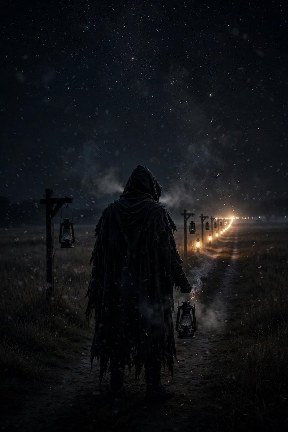 The walker on the path as the lanterns go dark behind her
