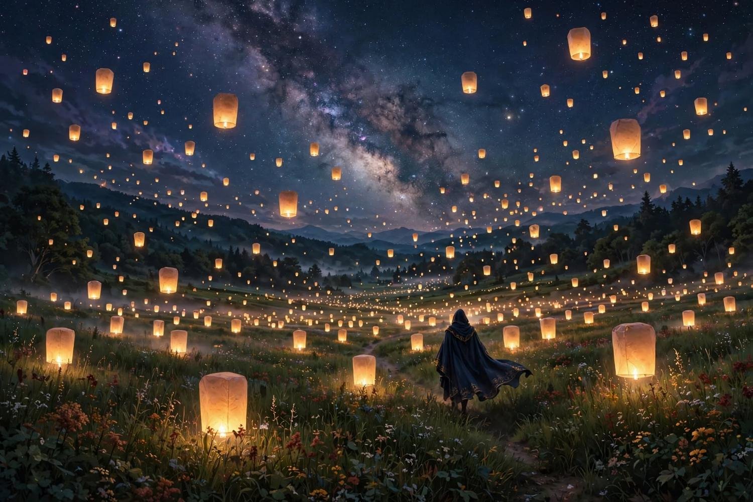 A night field of sky lanterns under the Milky Way