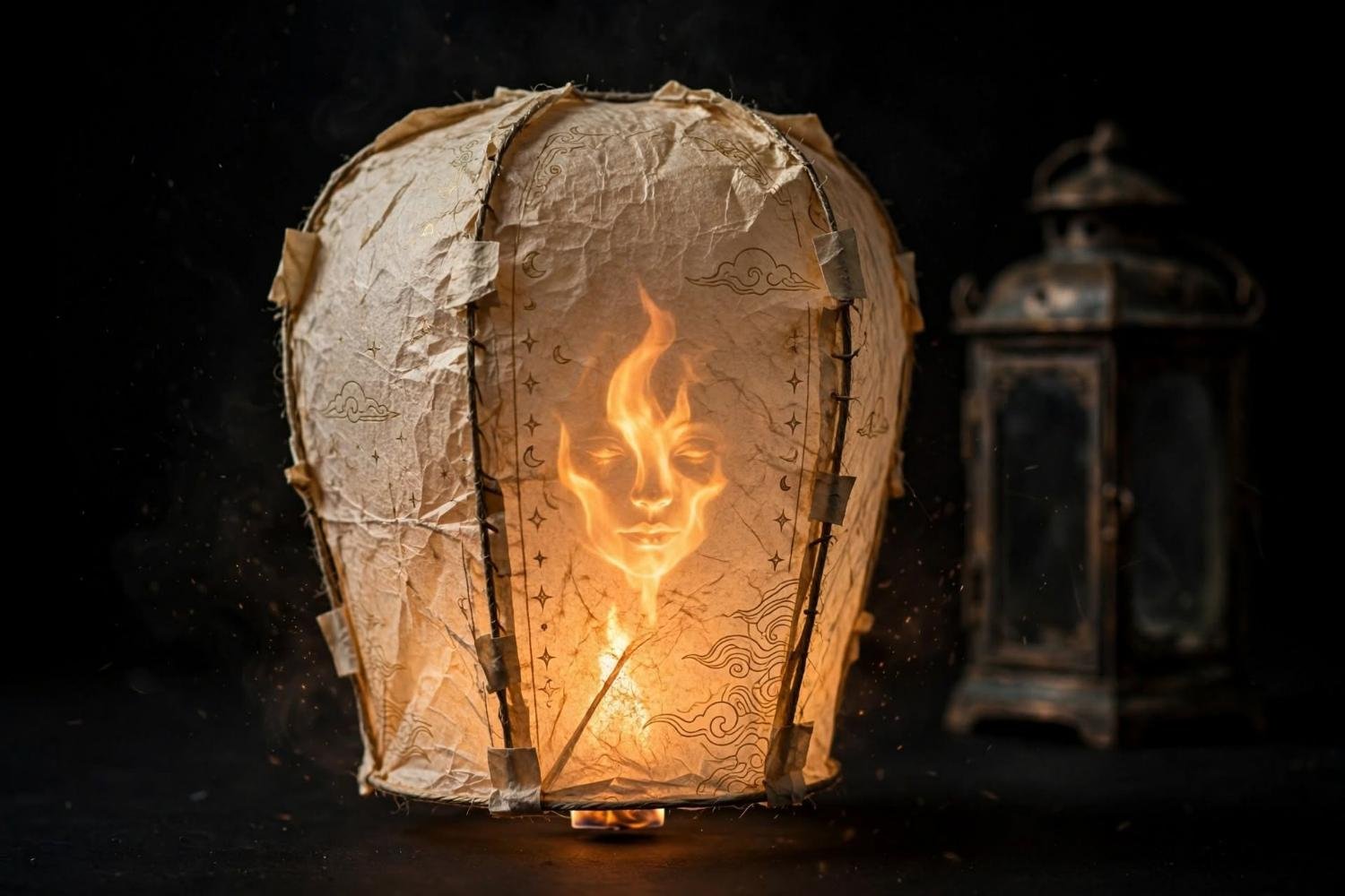 One sky lantern, the face still held in the fire
