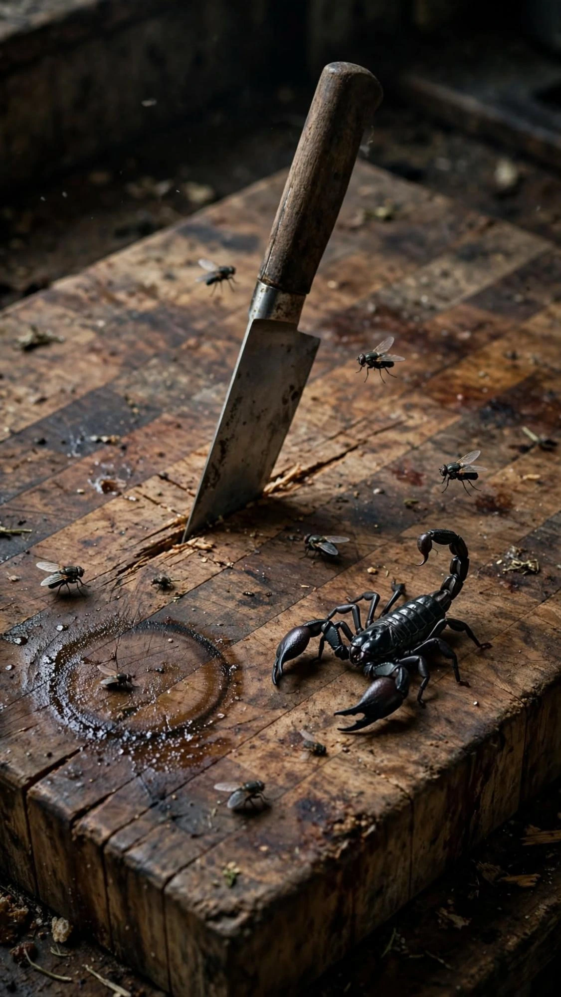 The block after they have gone. A knife, a scorpion, flies, and one wet ring.
