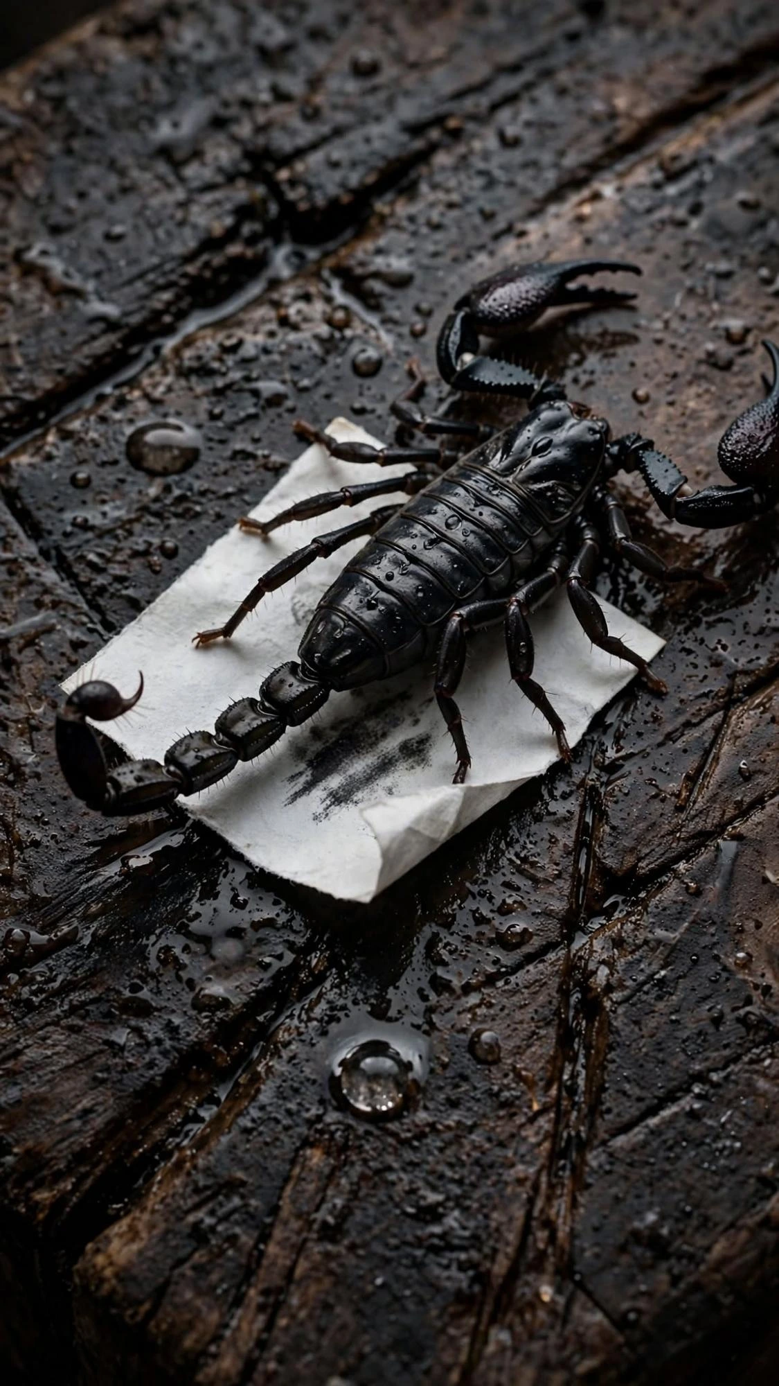 A black scorpion on a wet slip of paper. No faces. One drop on the wood.
