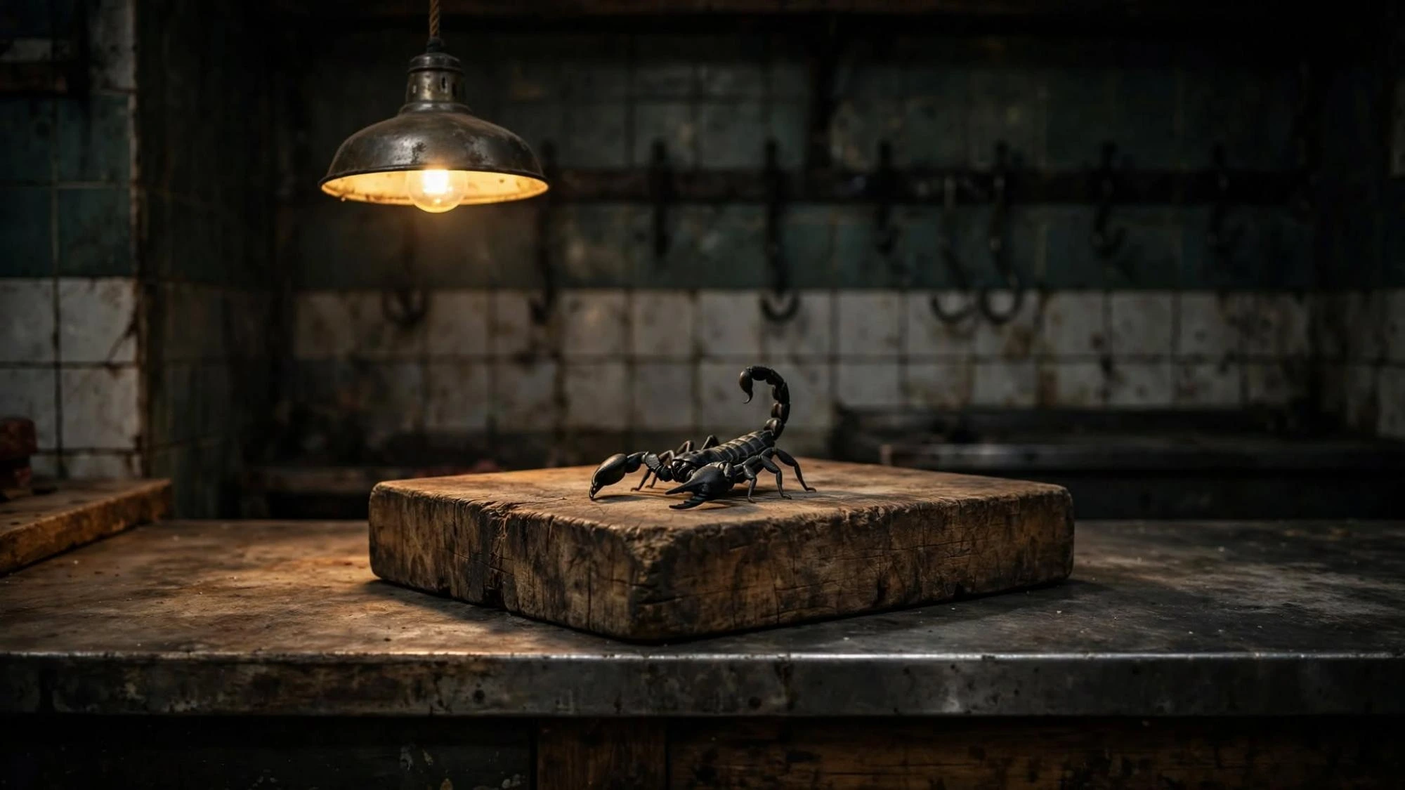 The empty block under one lamp, the scorpion already placed, before anyone enters.
