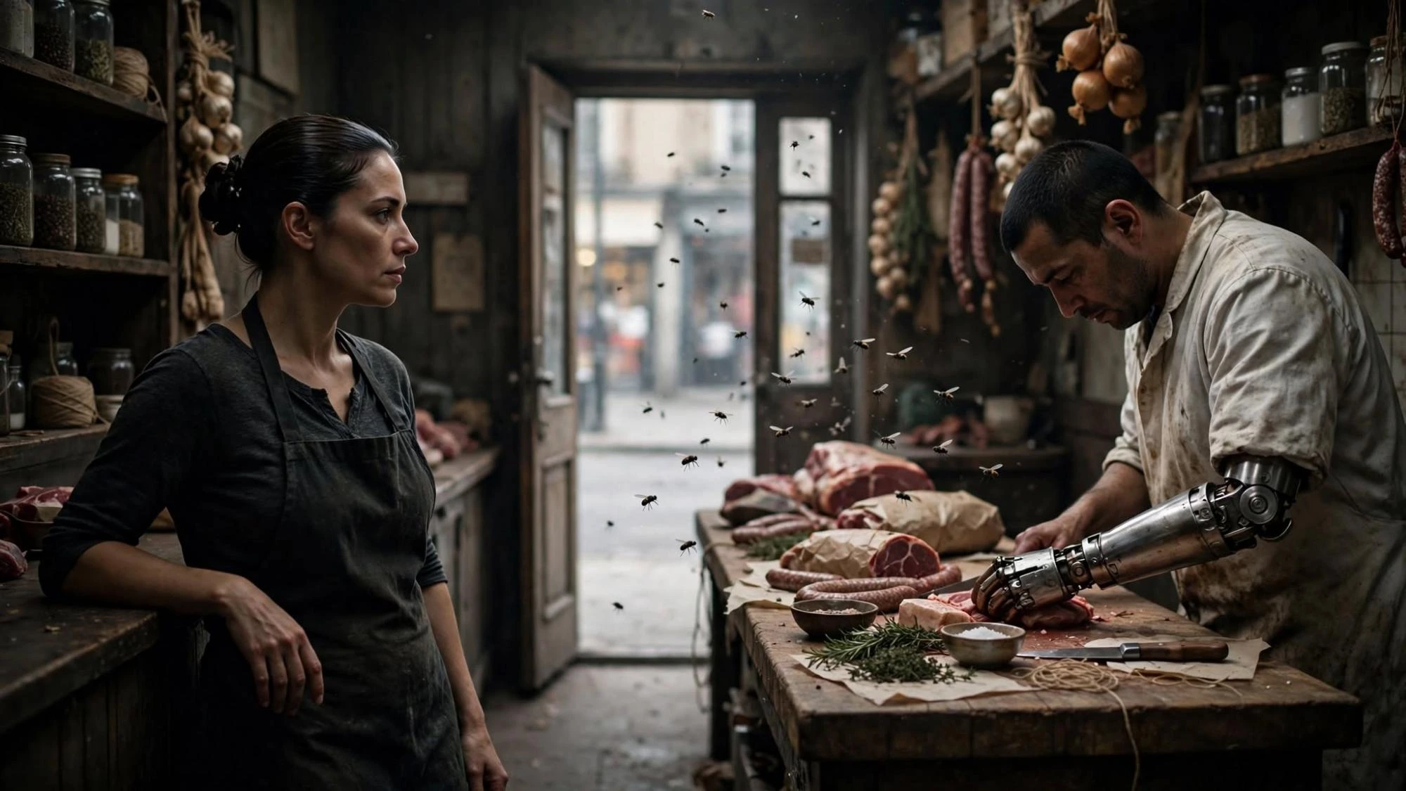 The shop from the open street door. She waits at the counter. He works the block. The flies stay inside.