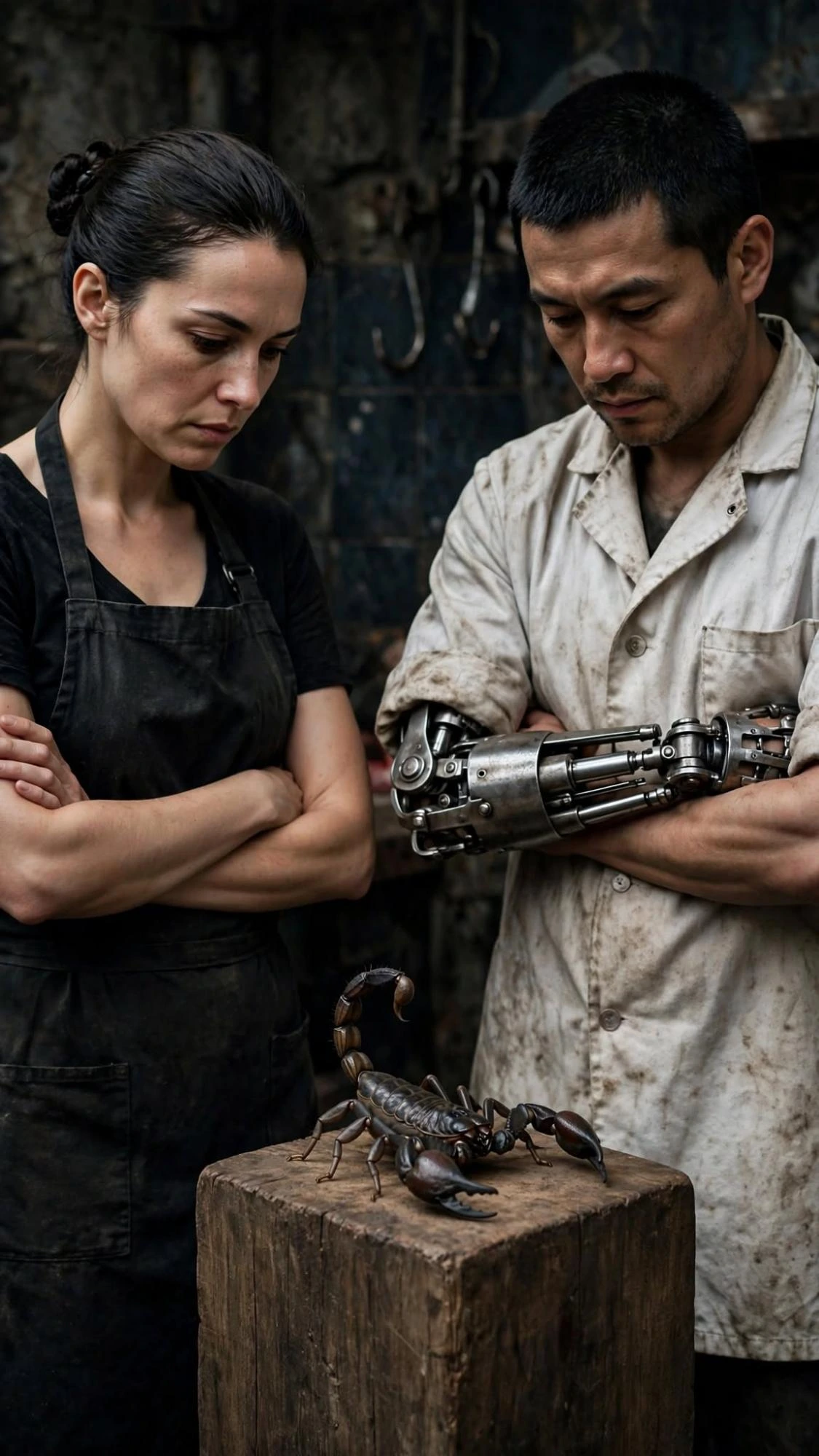 The pair from the waist up, arms folded, the scorpion on a block between them.