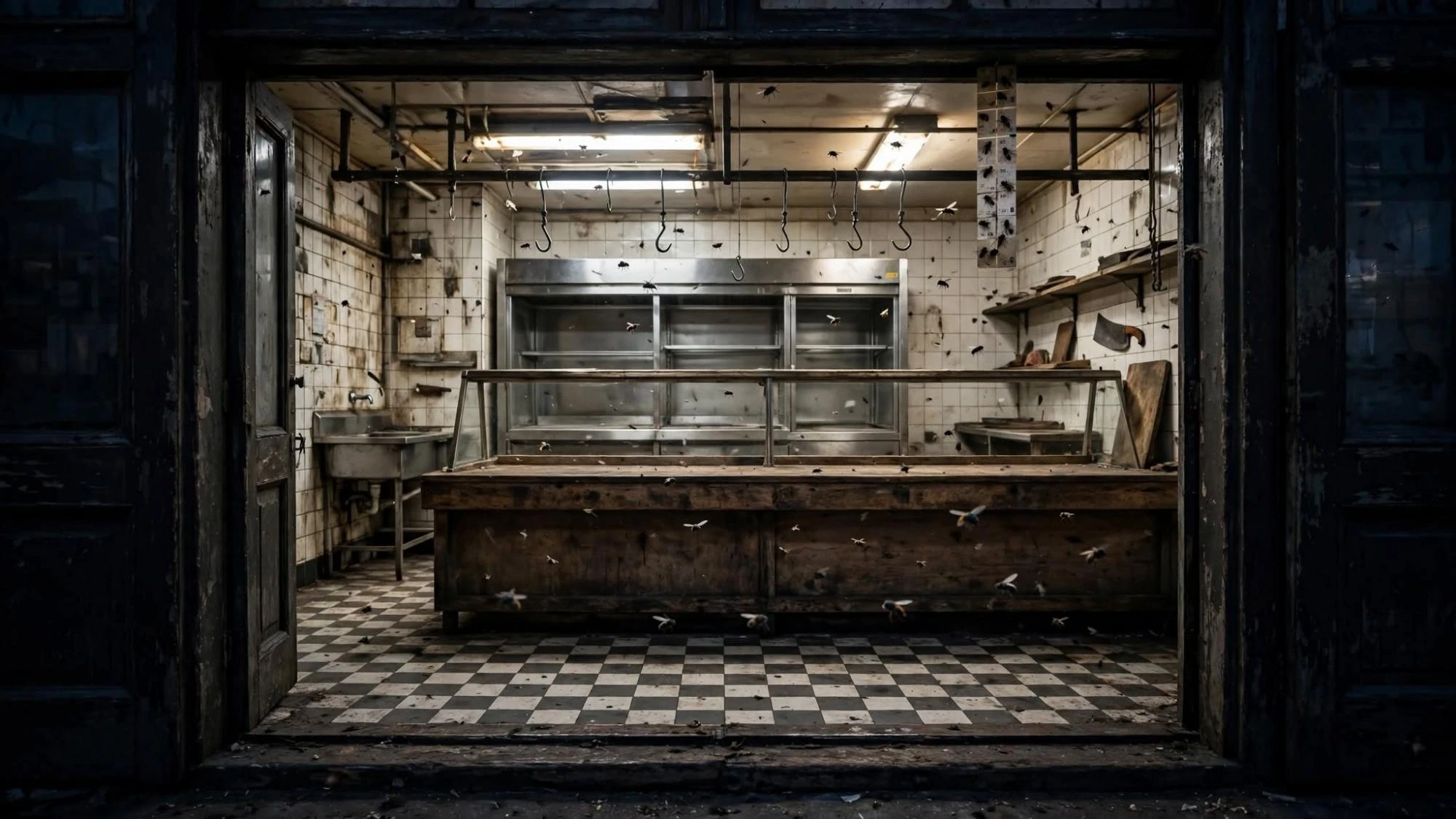 The shop from the doorway after closing. The lights are on. Nobody is behind the counter. The flies remain.