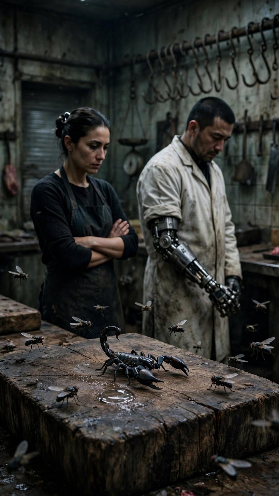 A woman with folded arms and a man with a steel forearm stand over a black scorpion, flies, and one drop on the block.