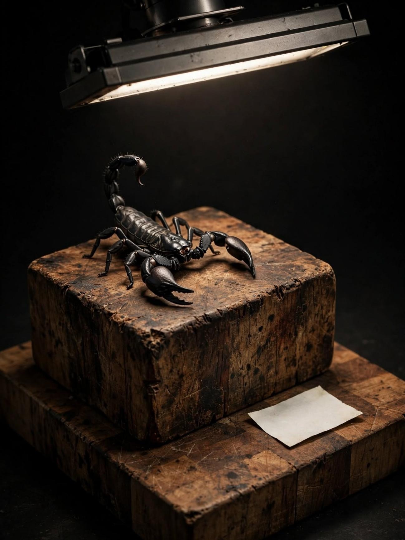 The Loyal Block: a black scorpion on a scarred wooden block, a blank slip beside it, one lamp.
