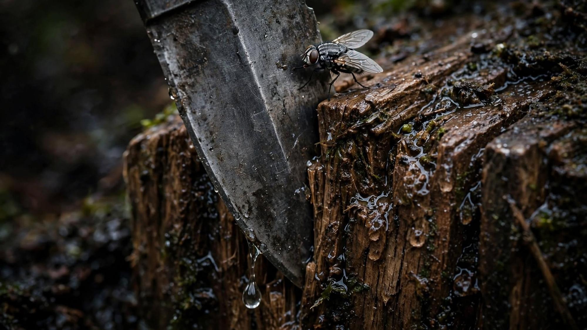 A knife in wet wood, one fly, and a single drop falling. No faces.