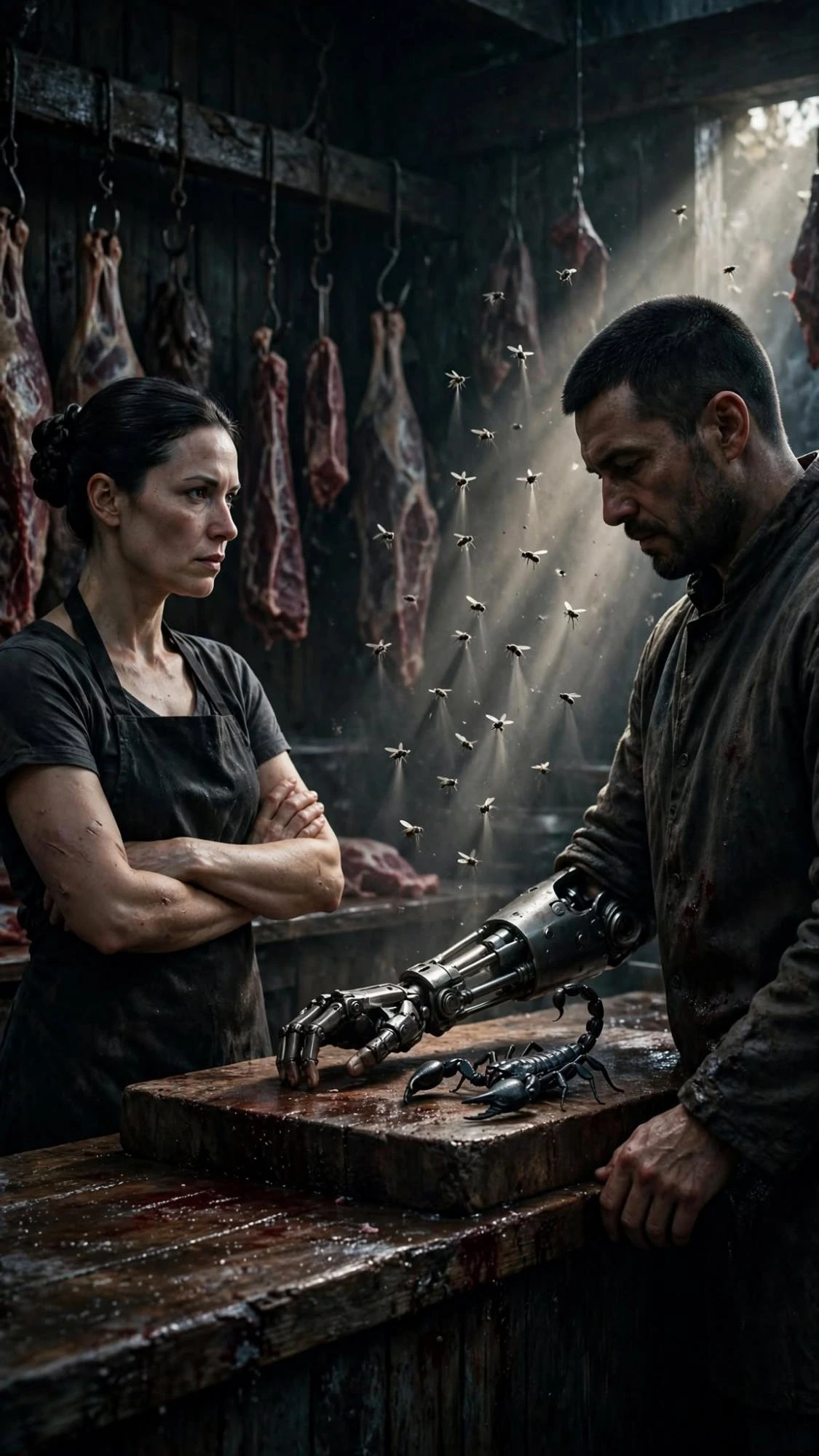His steel hand stops at the scorpion. She keeps her arms folded. Flies hang in the light over the carcasses.