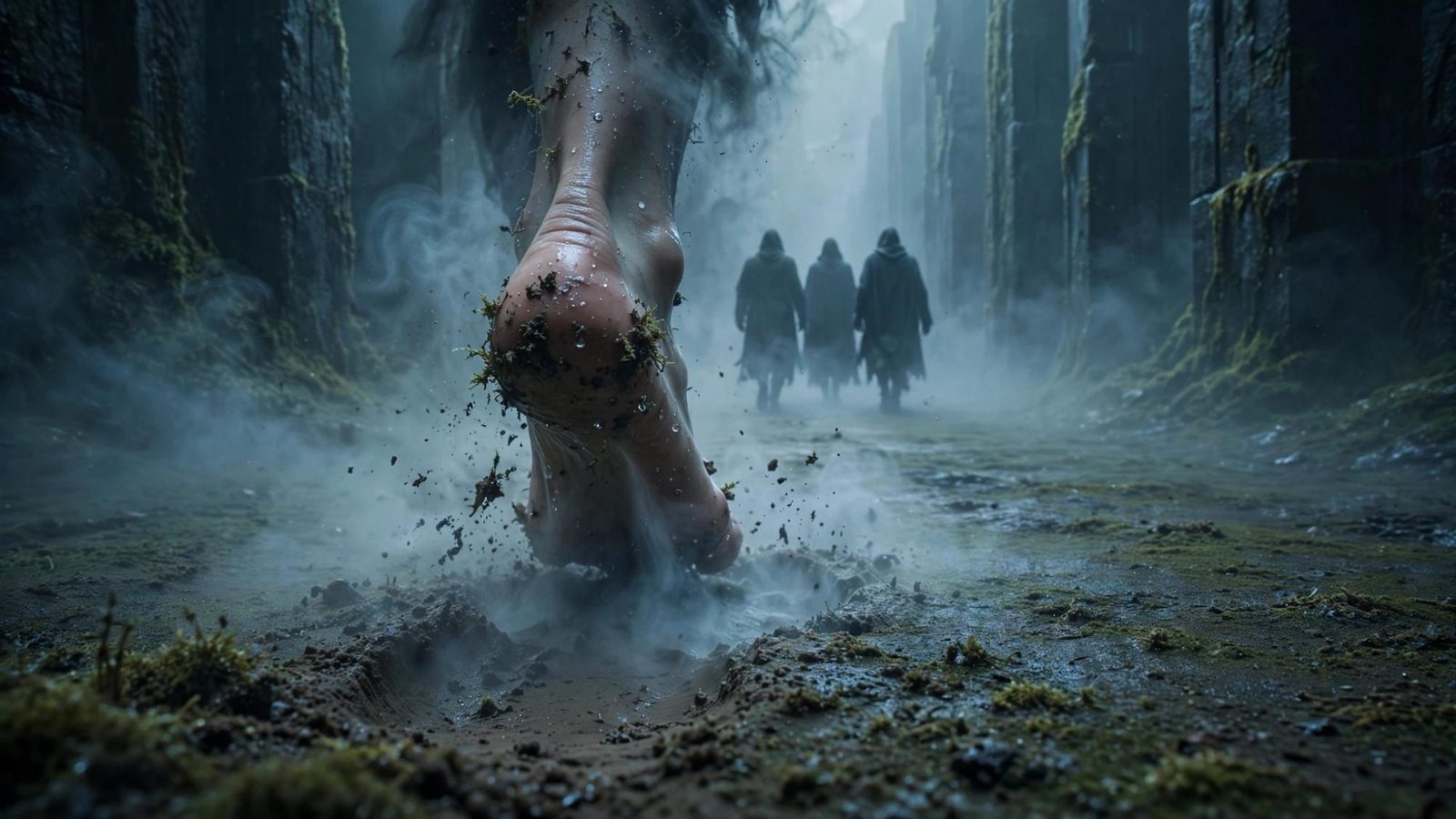 A bare foot stepping into wet ground, three figures already ahead in the fog.
