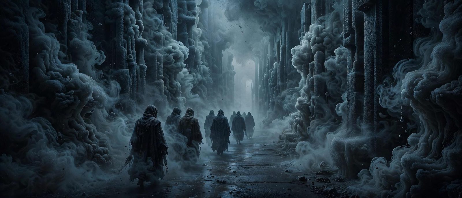 A canyon of smoke, the procession small between the columns.