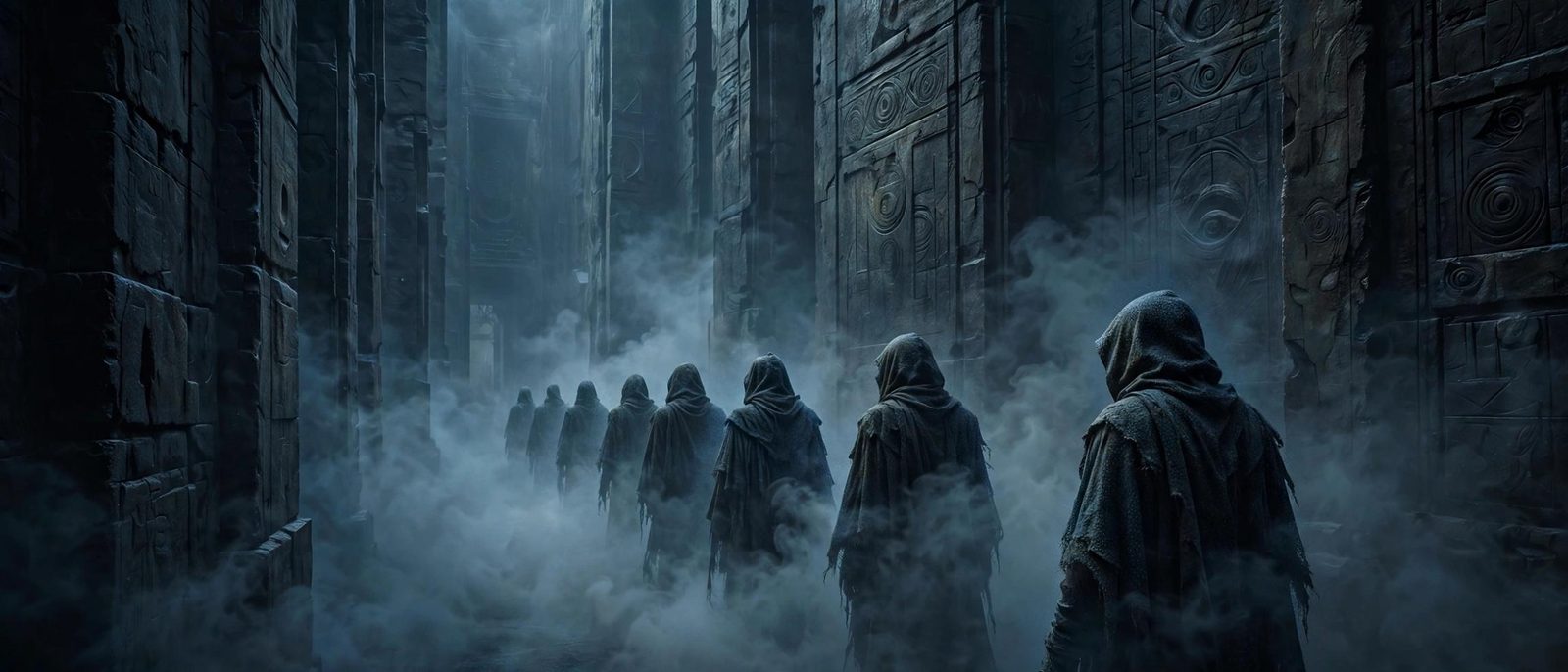 One hooded figure looking back while the others continue into the fog.