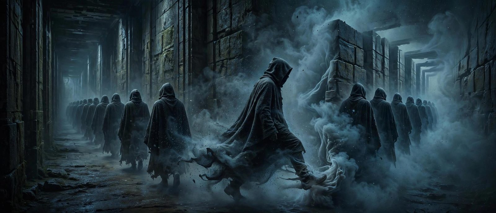 A walker trailing smoke from the feet, the corridor ruined and wet.