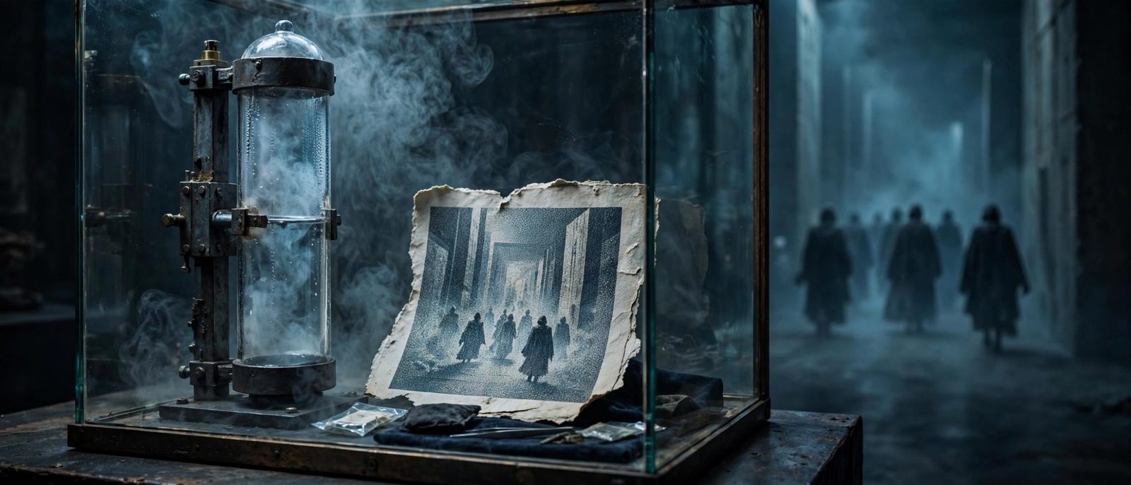 A glass case holding an apparatus and a torn photograph of the corridor.