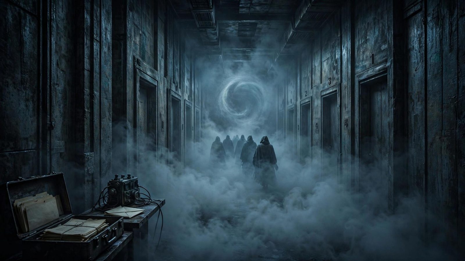 Numbered doors and a spiral of light at the end of a fogged corridor.