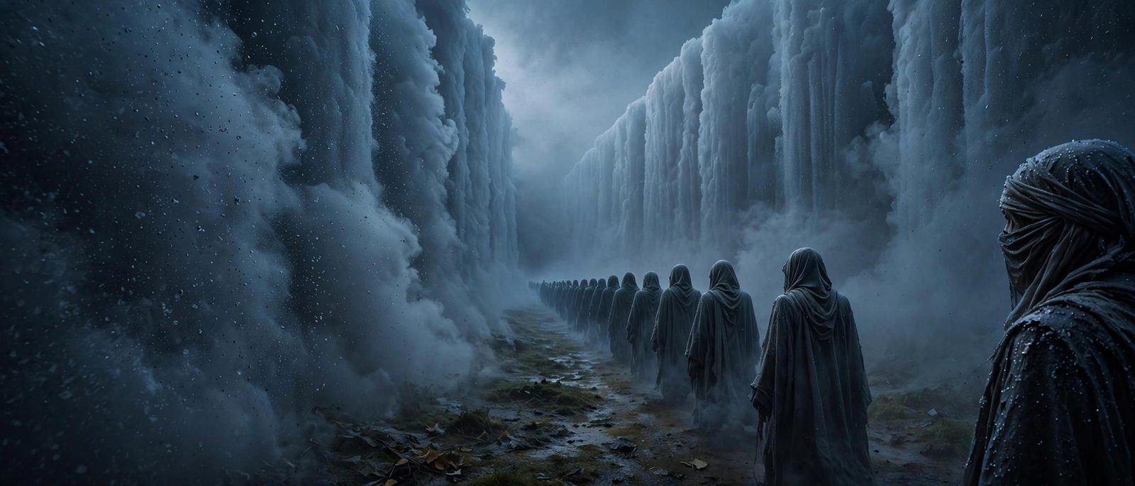 A procession of hooded figures between ice-white walls, walking into mist.