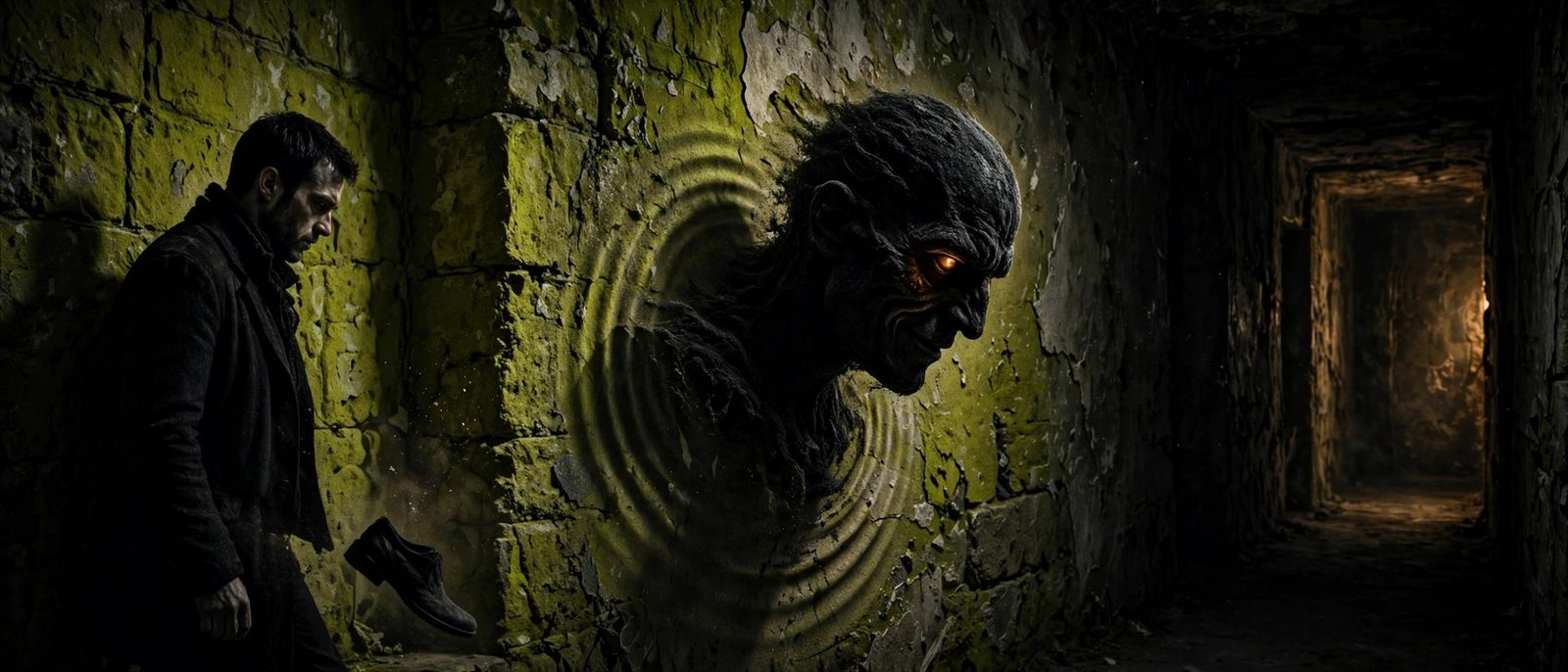 A face forming in the wall beside him, the plaster opening like water.