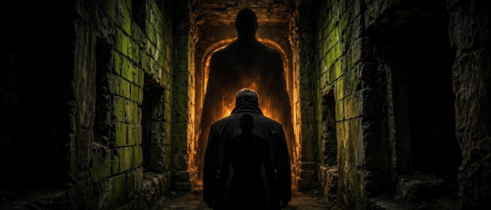 A man facing a fiery silhouette that fills an arch he cannot match.