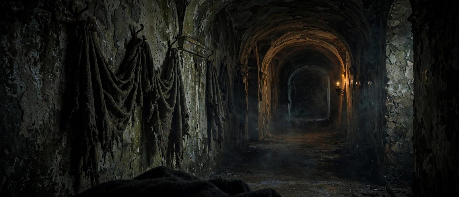 A long corridor of hanging cloth, torchlight, and no one in the middle of it.