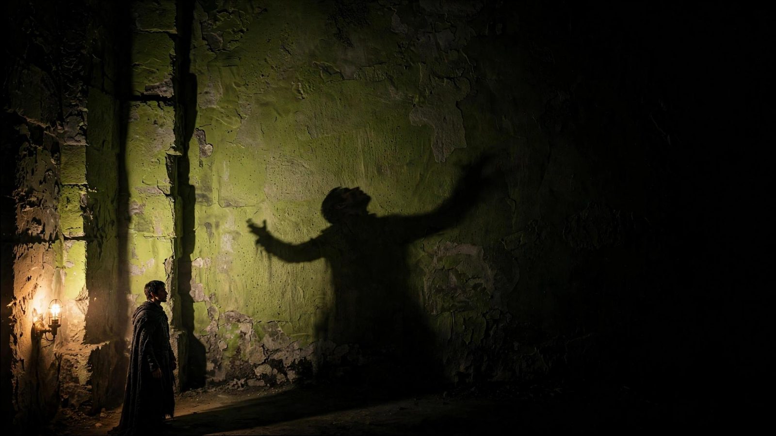 A raised-arm shadow thrown huge on a green wall, the man small beneath it.