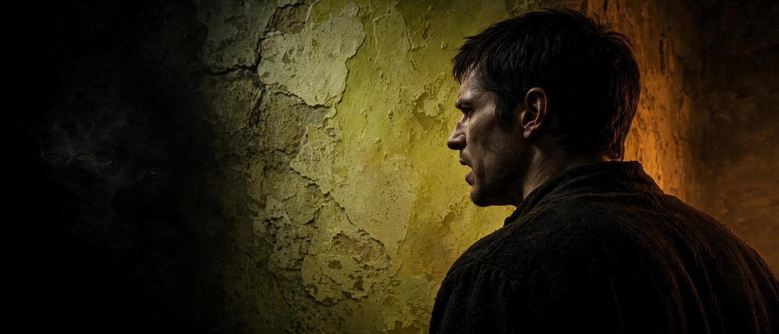 A man's profile against peeling plaster, the wall closer than the room.