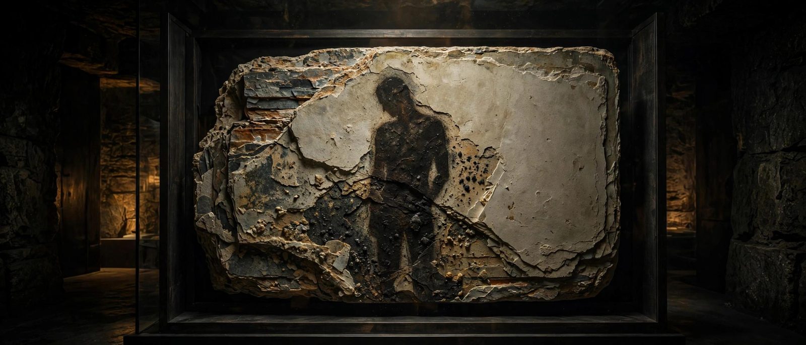 A burned silhouette kept in a frame, the body already only an absence.