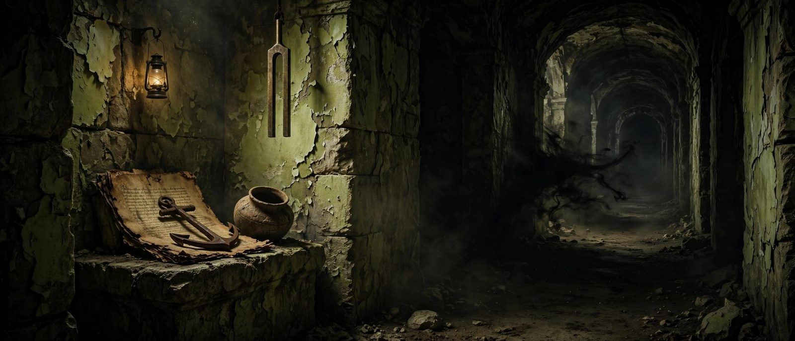 A tuning fork, an anchor, and a paper on a stone ledge in the corridor.