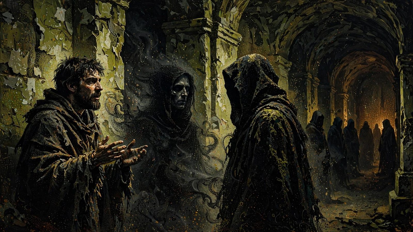 A man speaking to two hooded figures, one of them little more than bone.
