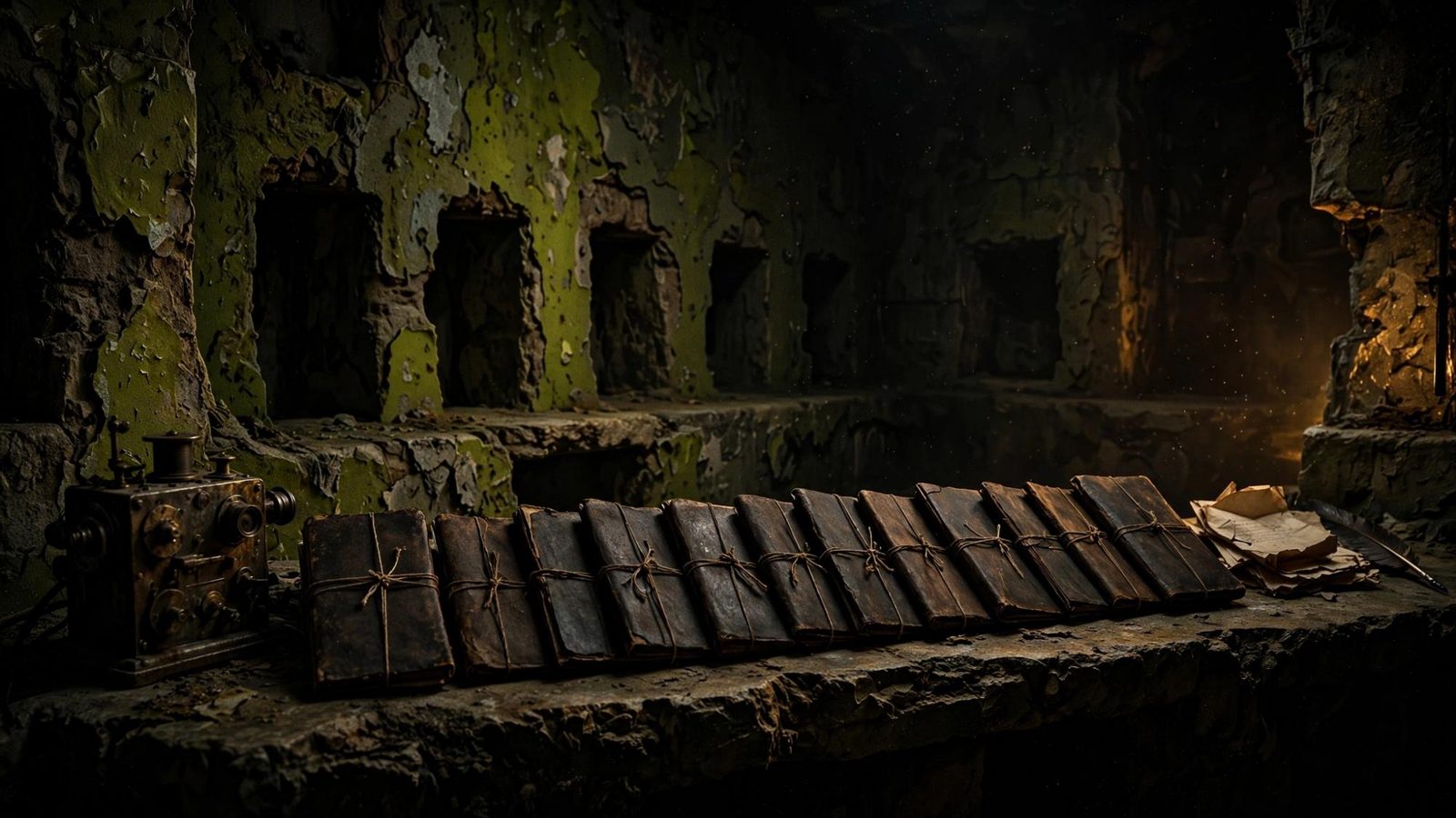 A camera and a row of bound books on a ledge, the corridor still behind them.