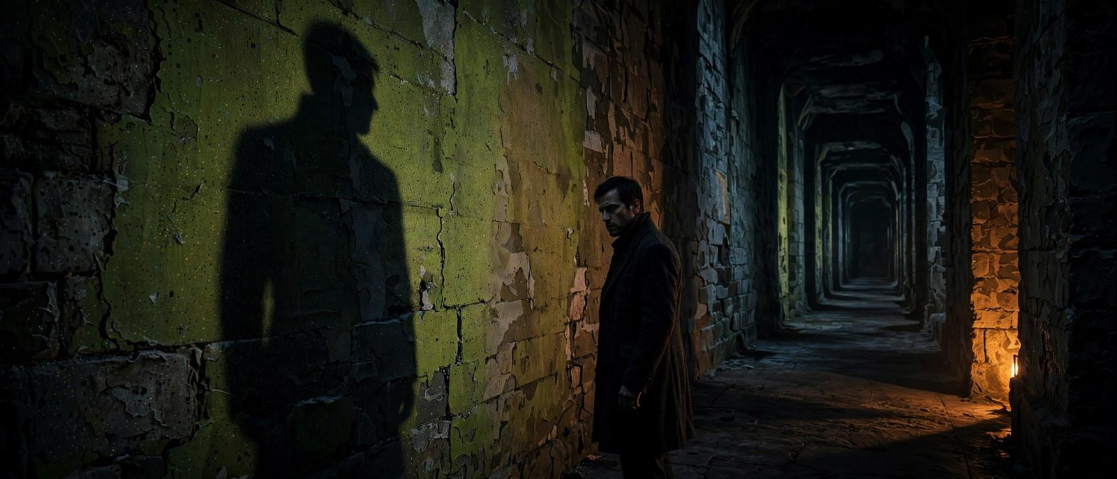 A man in a decaying corridor, his shadow larger than he is and already ahead.