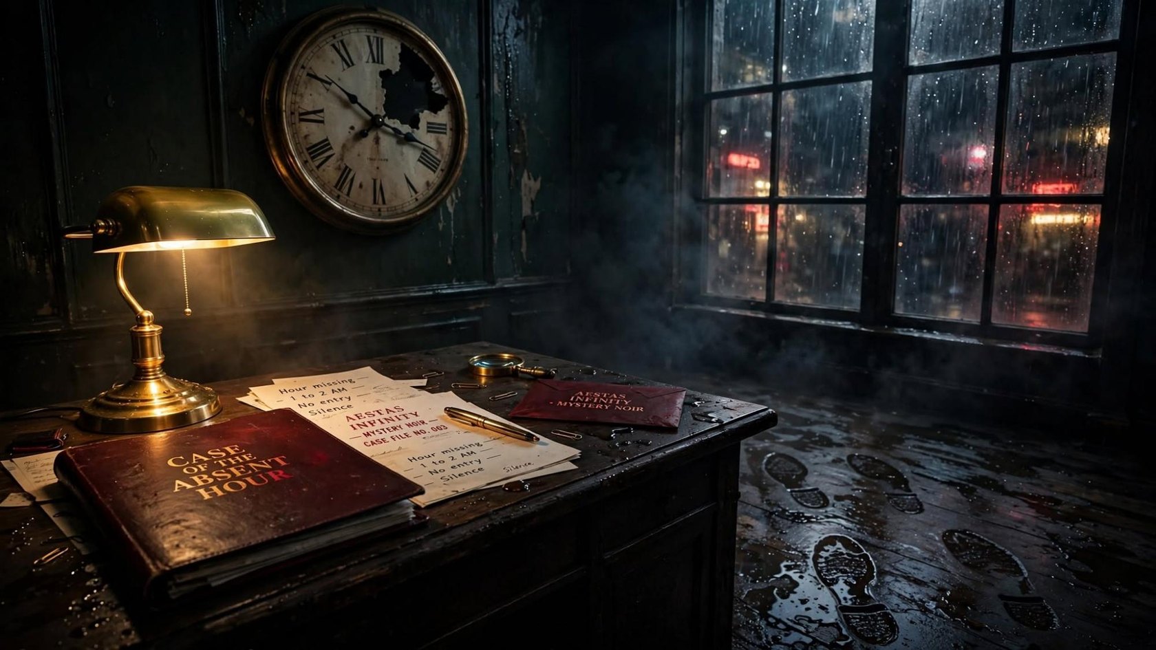 A wet desk, a red book for the absent hour, a clock with a hole in its face, and footprints in the rainwater