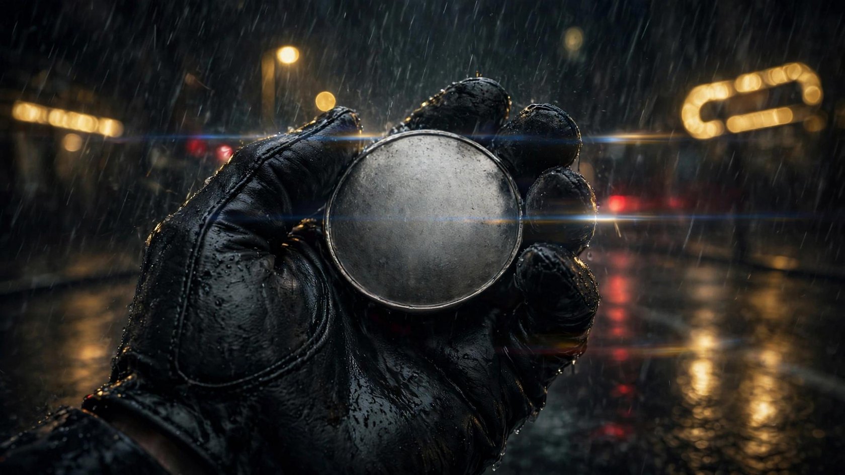 A wet black glove holding a blank metal disc in heavy rain, neon blurred on the street behind