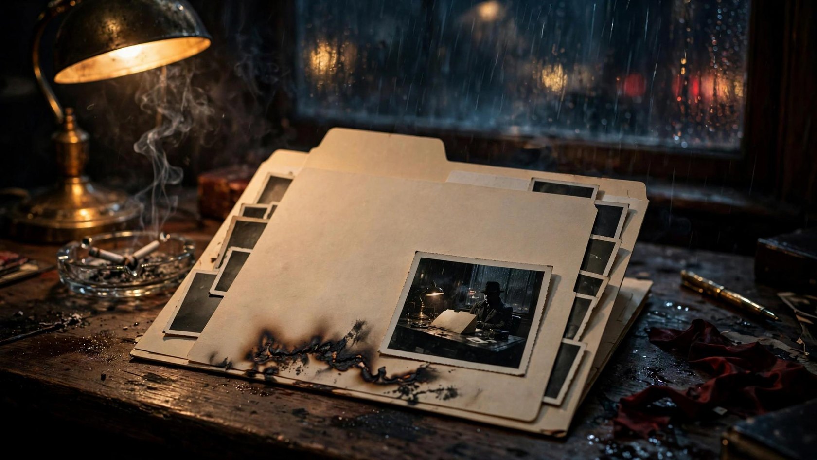 Scorched manila folders on a wet desk, a photograph of a man at a lamp, an ashtray, rain on the window