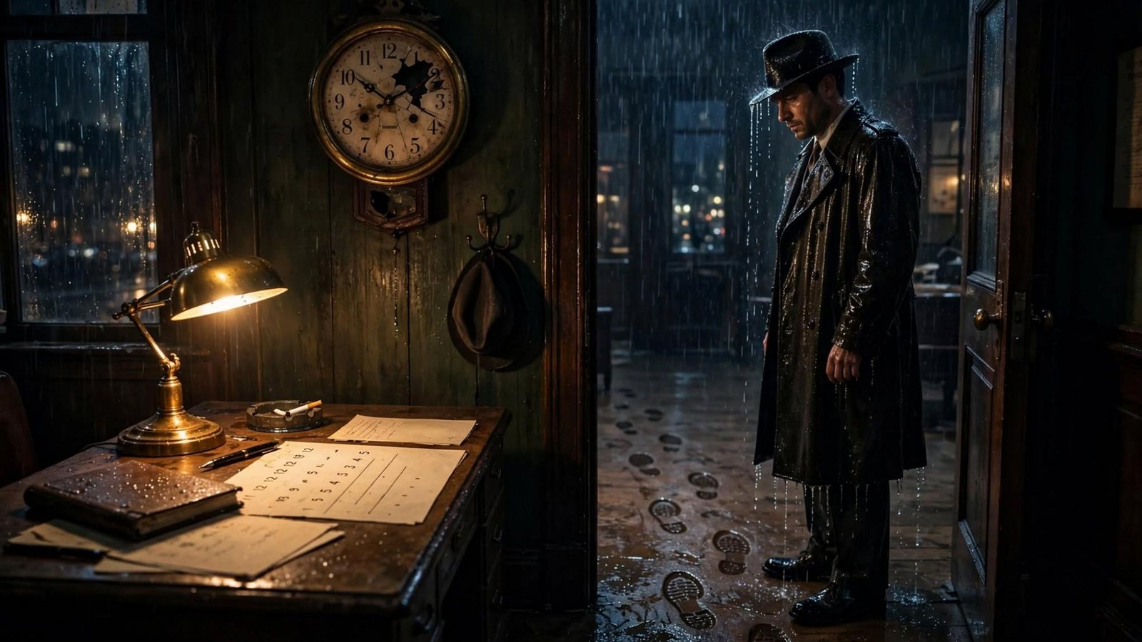 A wet coat, a clock that has lost a piece of its face, and footprints that stay.