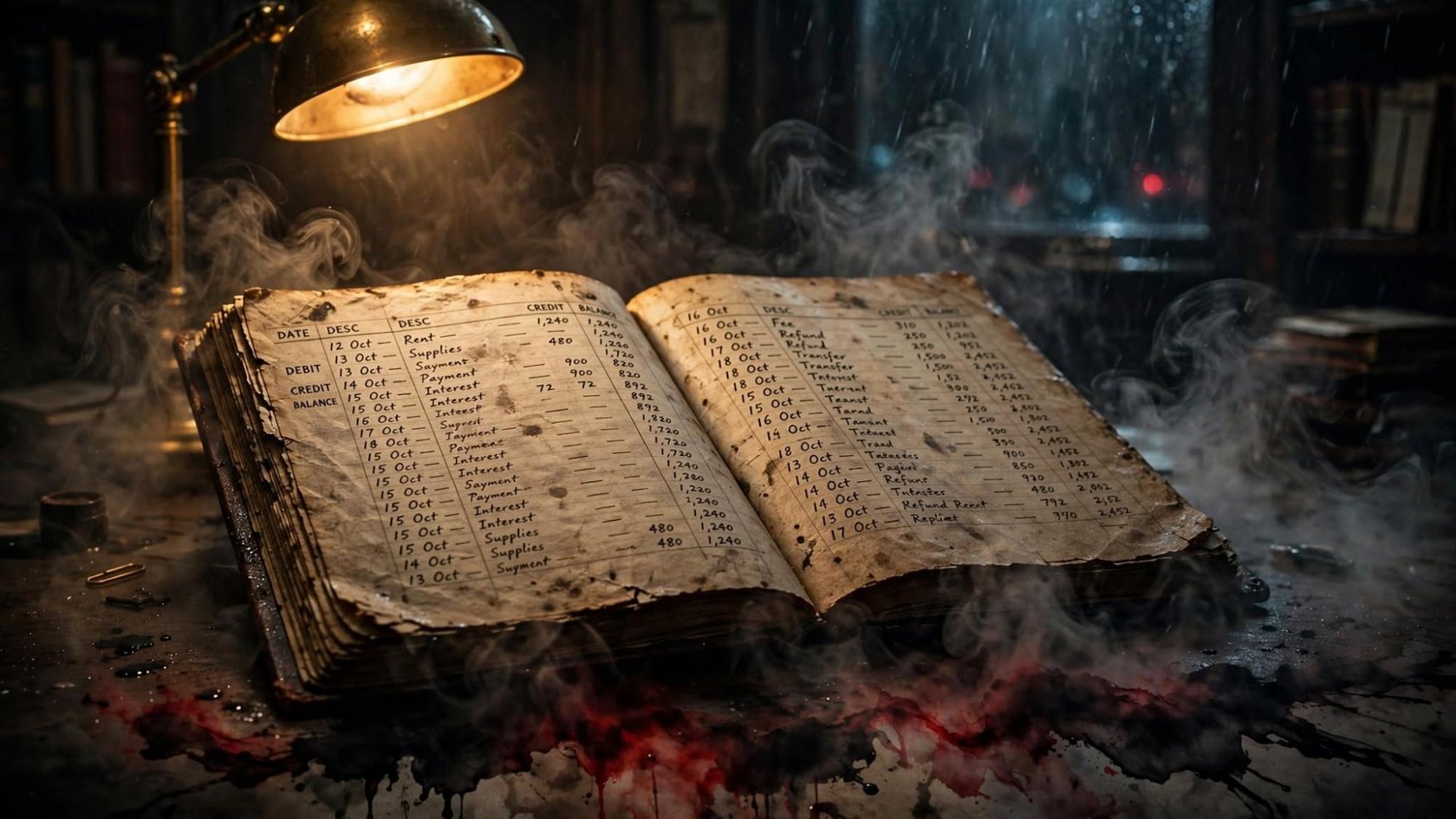 An open ledger under a brass lamp, smoke rising, and a dark stain across the desk
