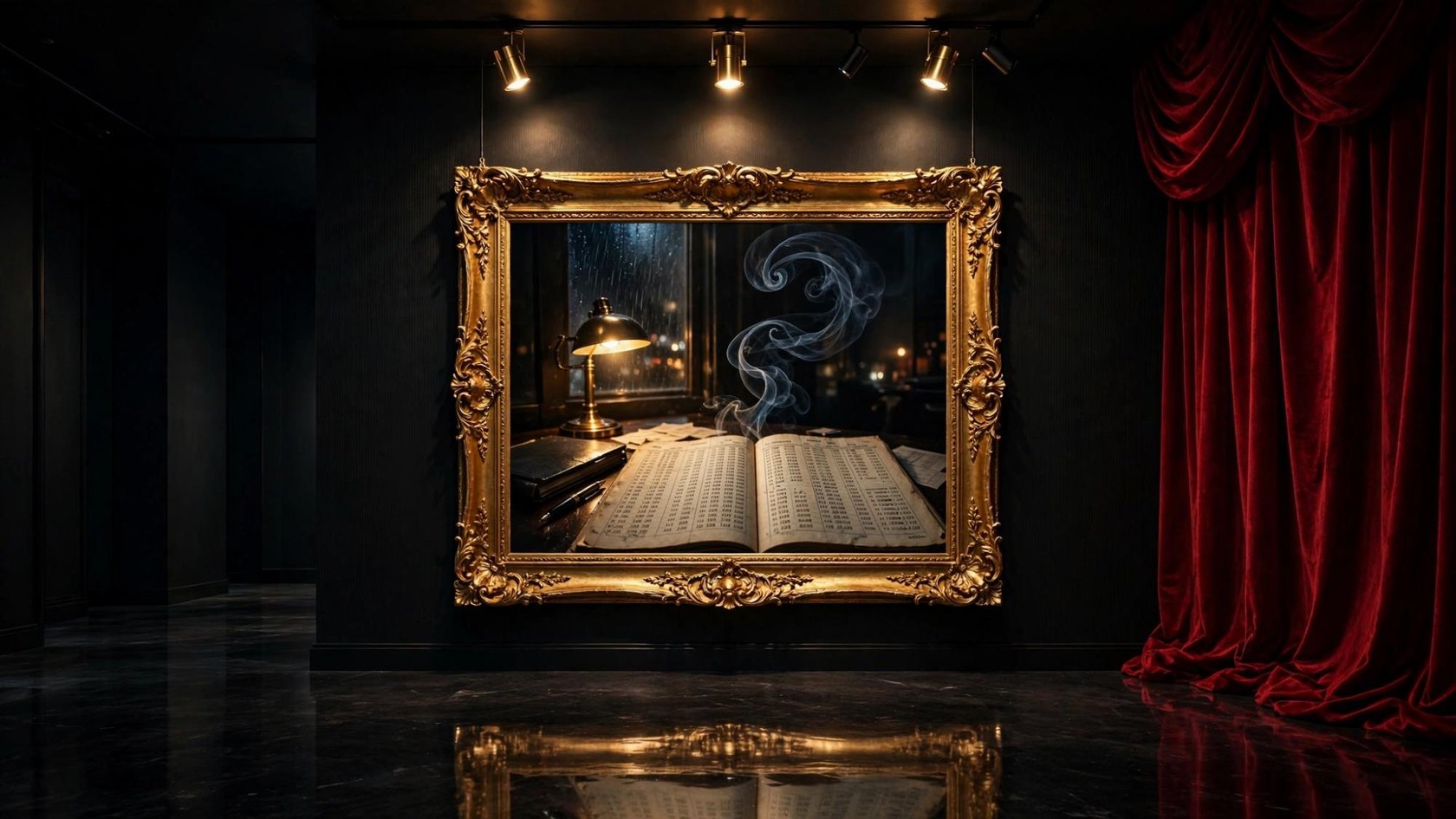A gold frame in a dark gallery, an open ledger and a spiral of smoke under a brass lamp