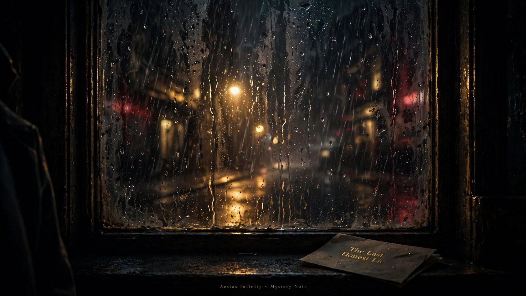 A rain-streaked window at night and a card on the sill reading The Last Honest Lie
